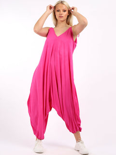 Plain V-Neck Balloon Jumpsuit Fuchsia