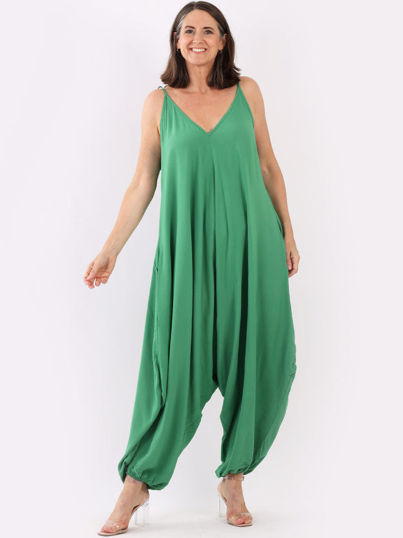 Plain V-Neck Balloon Jumpsuit Green