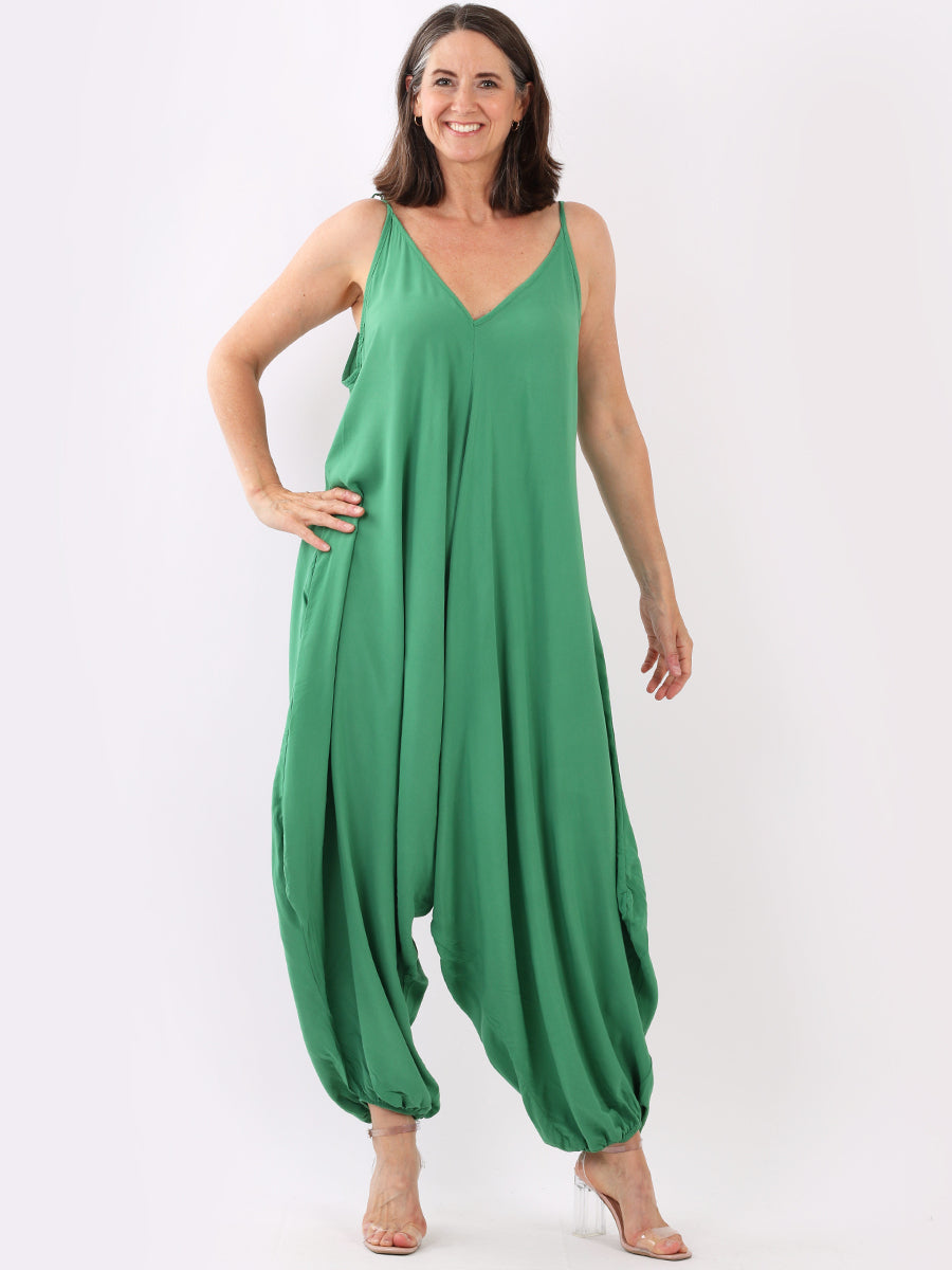 Plain V-Neck Balloon Jumpsuit Green