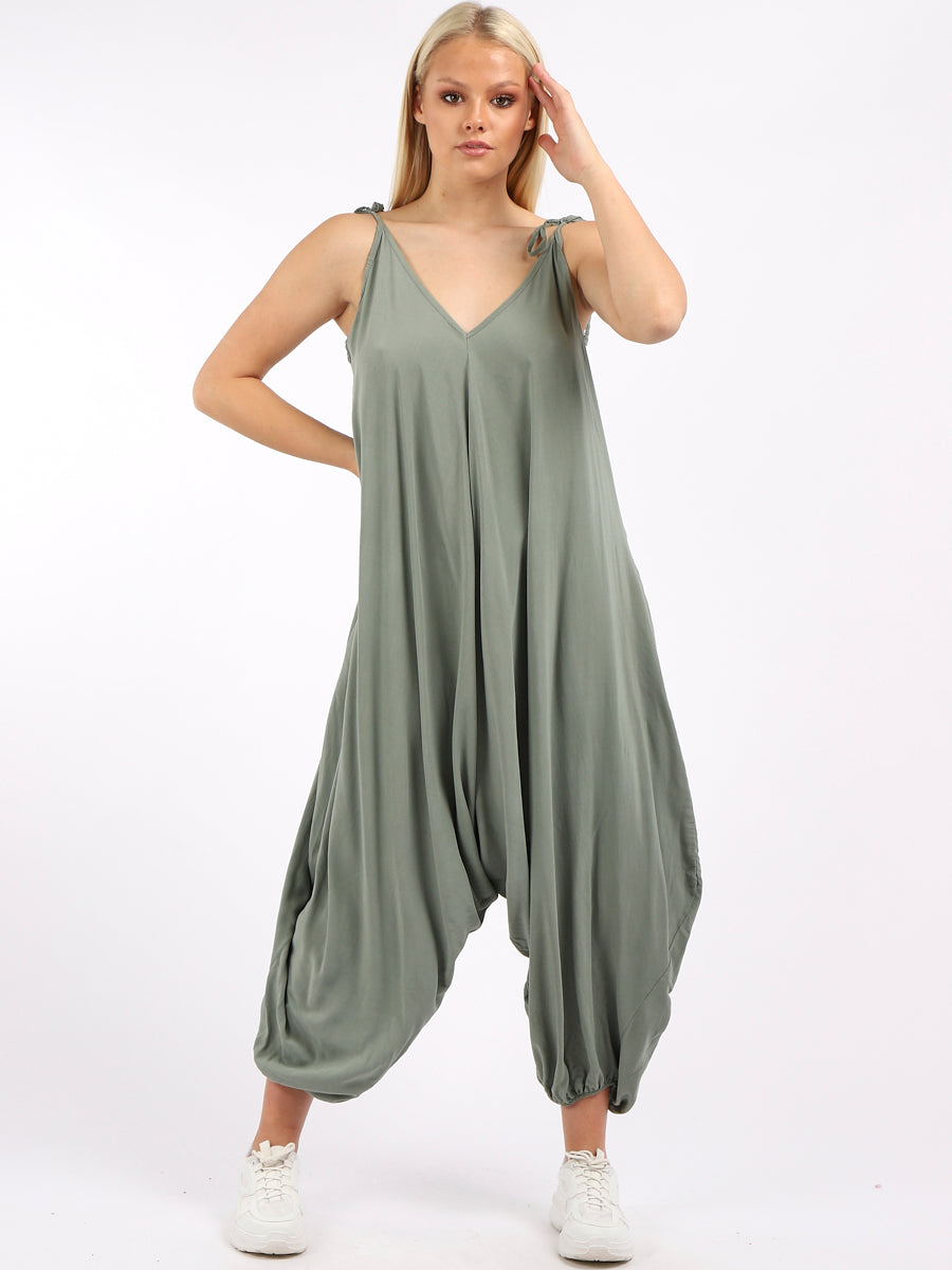 Plain V-Neck Balloon Jumpsuit Khaki