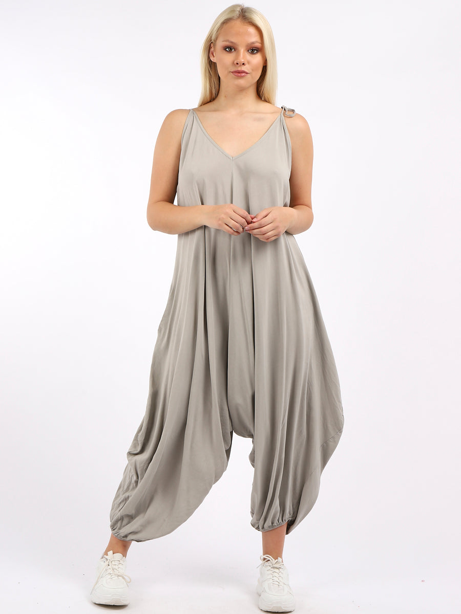 Plain V-Neck Balloon Jumpsuit Mocha