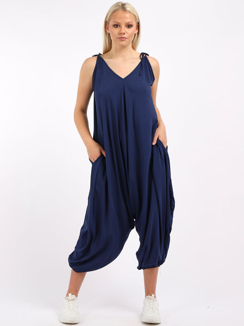 Plain V-Neck Balloon Jumpsuit Navy