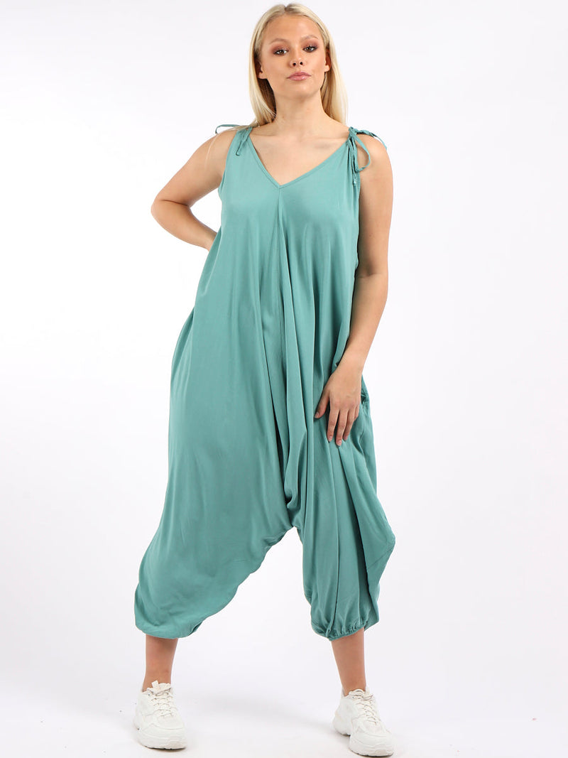 Plain V-Neck Balloon Jumpsuit Ocean Blue