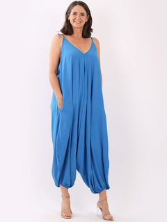 Plain V-Neck Balloon Jumpsuit Royal Blue
