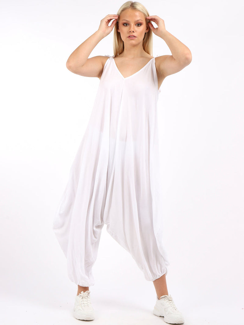 Plain V-Neck Balloon Jumpsuit White