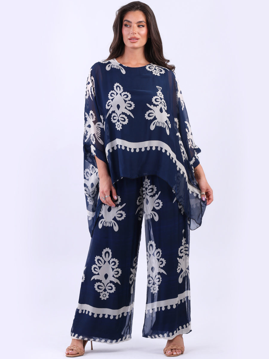 Batwing Silk Tunic Top Navy