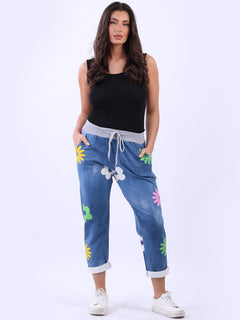 Cotton Multi Flower Joggers Denim