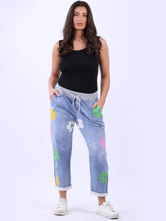 Cotton Multi Flower Joggers Light Denim
