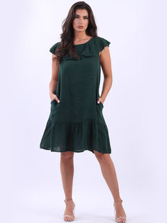 Ruffle Sleeveless Linen Top Bottle Green