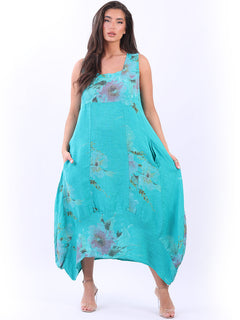 Sleeveless Floral Linen Sundress Aqua