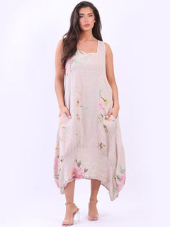 Sleeveless Floral Linen Sundress Beige