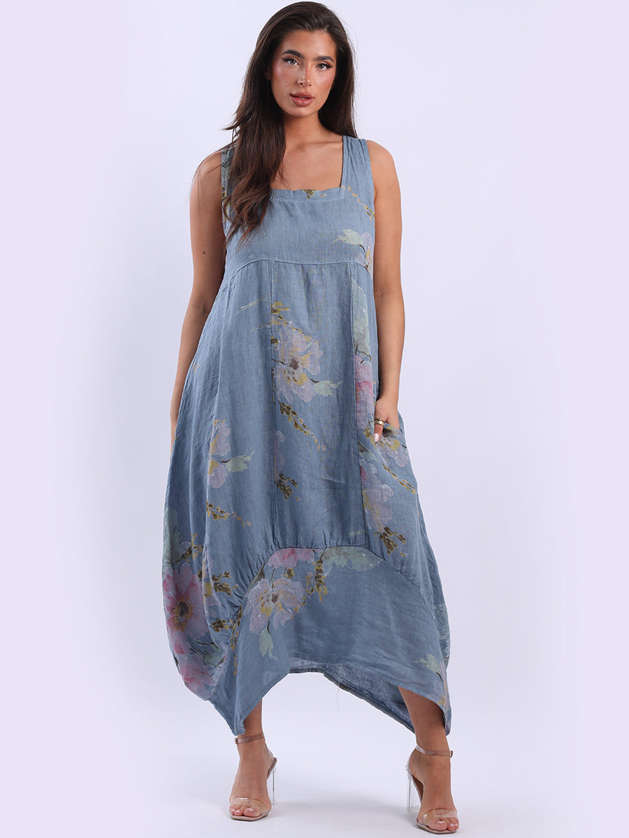 Sleeveless Floral Linen Sundress Denim