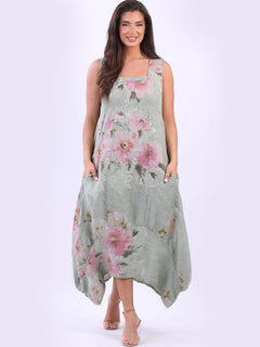 Sleeveless Floral Linen Sundress Khaki