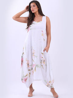 Sleeveless Floral Linen Sundress White