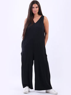 Women Sleeveless Cotton Jumpsuit Black