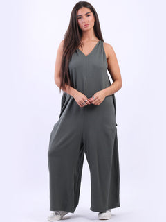 Women Sleeveless Cotton Jumpsuit Khaki