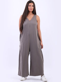 Women Sleeveless Cotton Jumpsuit Mocha