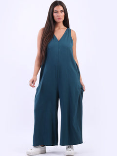 Women Sleeveless Cotton Jumpsuit Teal