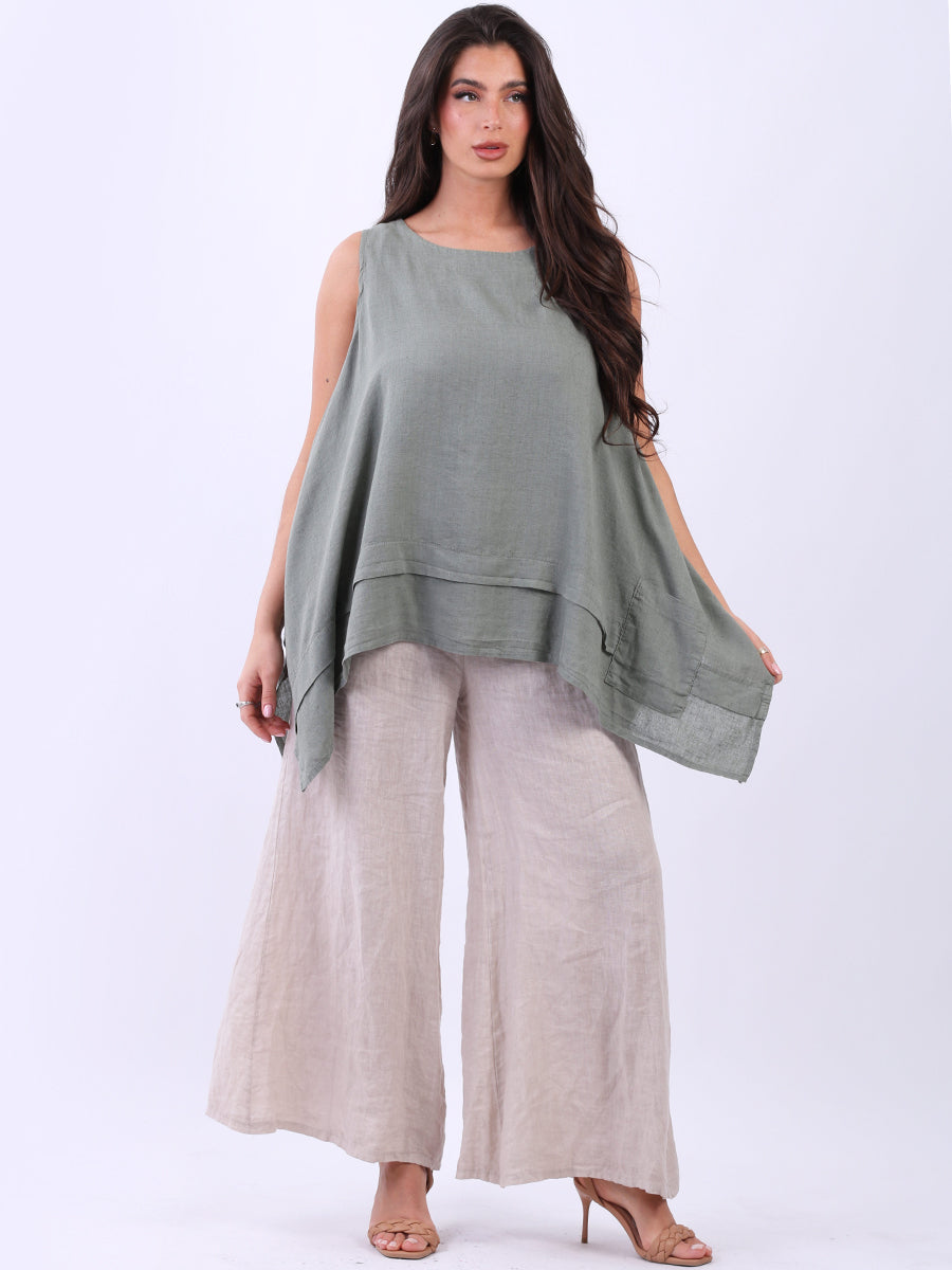 Solid Linen Sleeveless Tunic Khaki