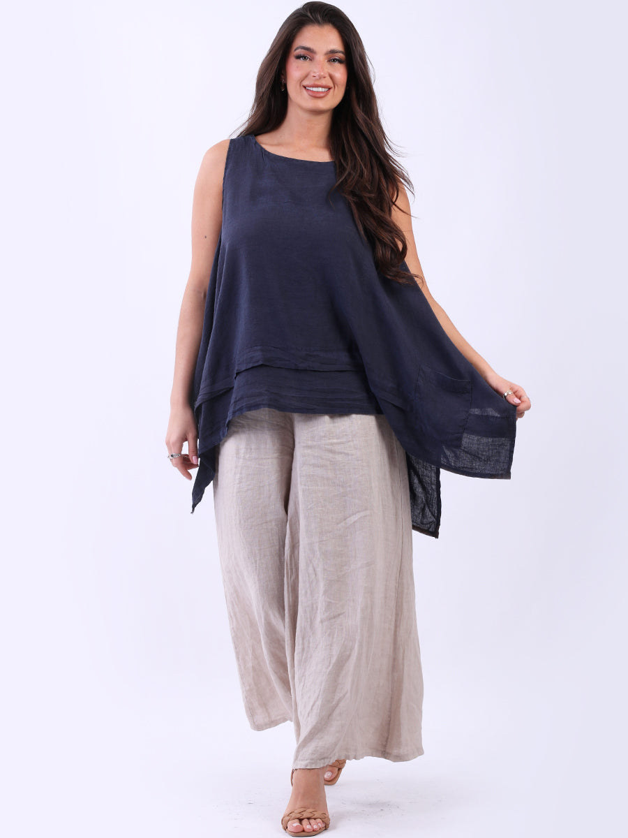 Solid Linen Sleeveless Tunic navy