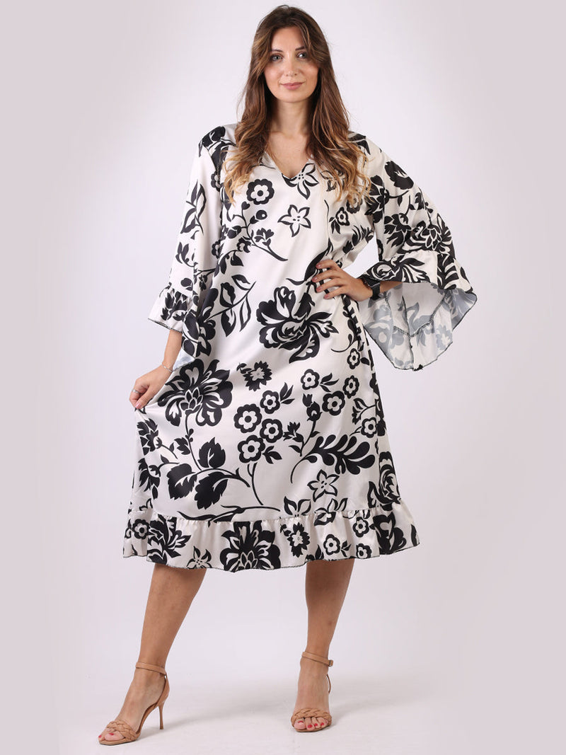 Floral Midi Swing Dress Beige