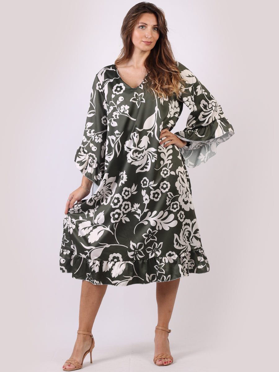 Floral Midi Swing Dress Khaki