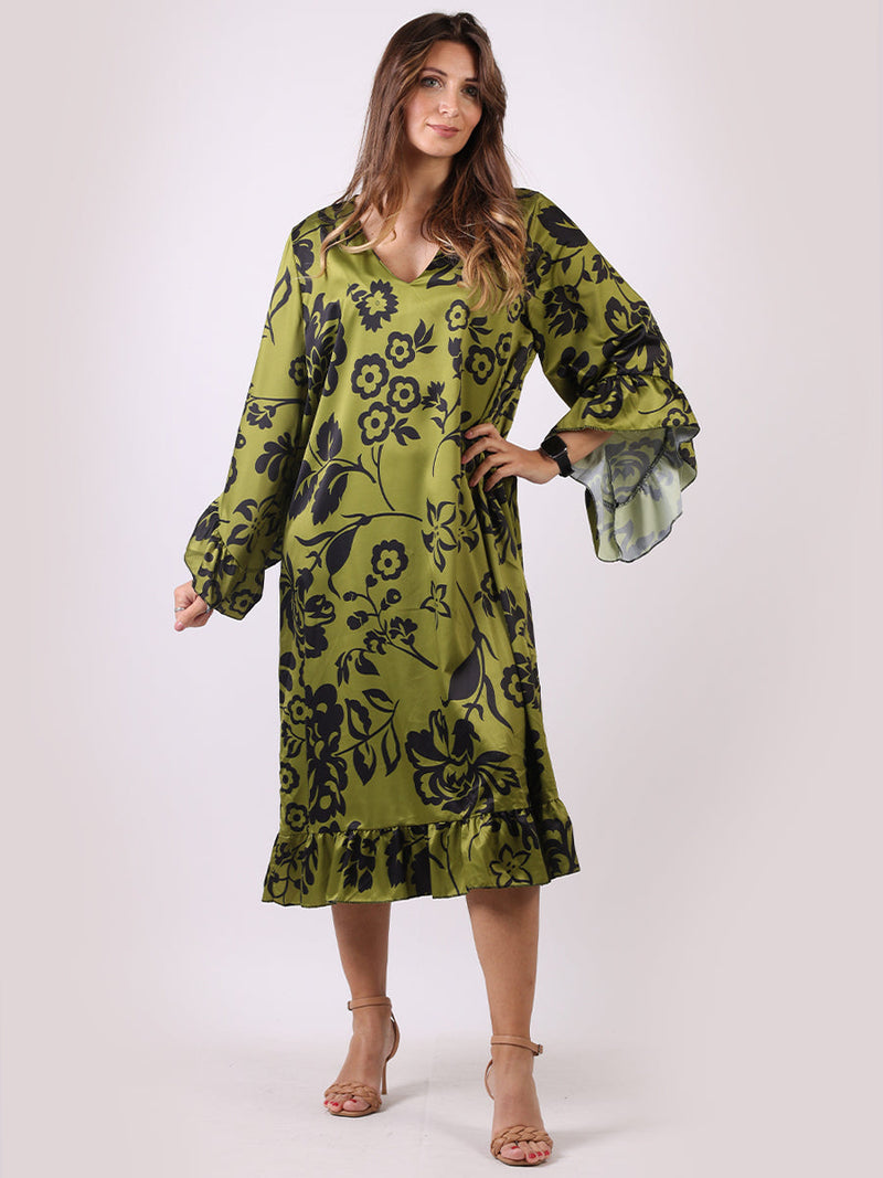 Floral Midi Swing Dress Lime Green