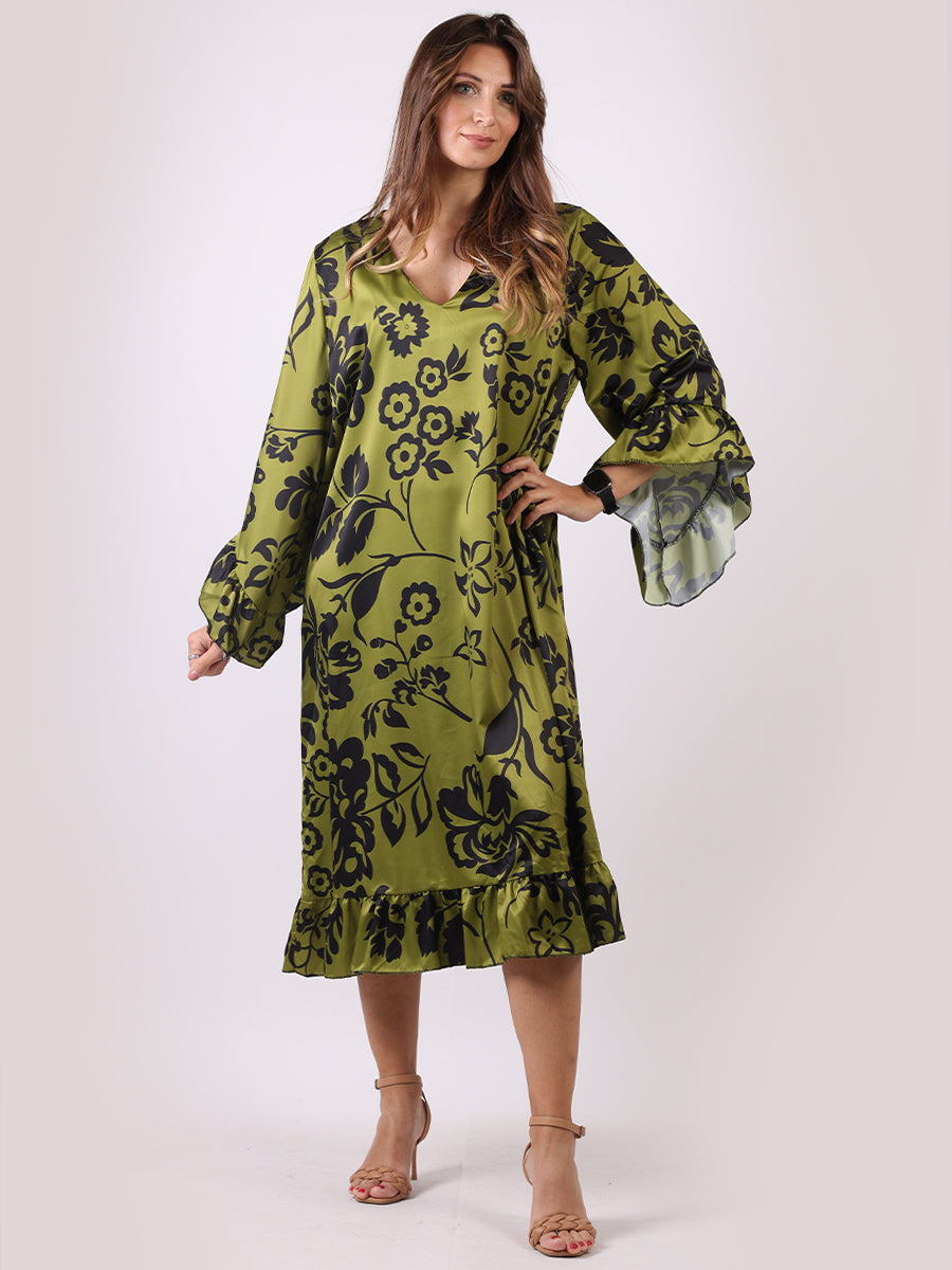 Floral Midi Swing Dress Lime Green