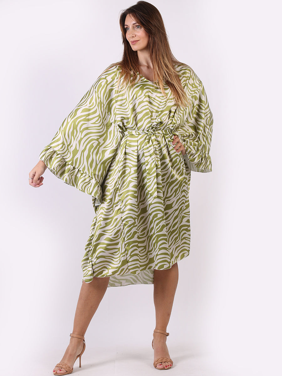Wave Print Ruffle Sides Kaftan Lime Green
