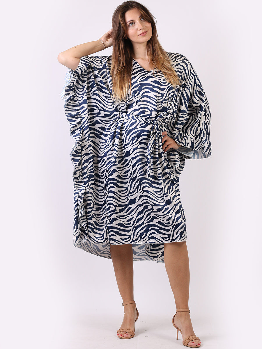 Wave Print Ruffle Sides Kaftan Navy