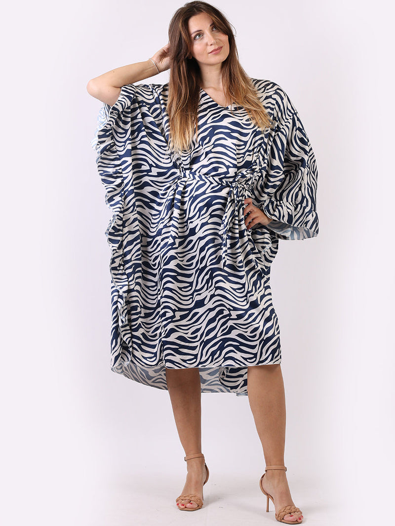 Wave Print Ruffle Sides Kaftan Navy