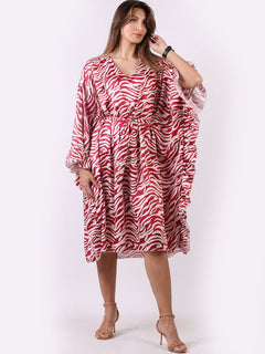 Wave Print Ruffle Sides Kaftan Wine