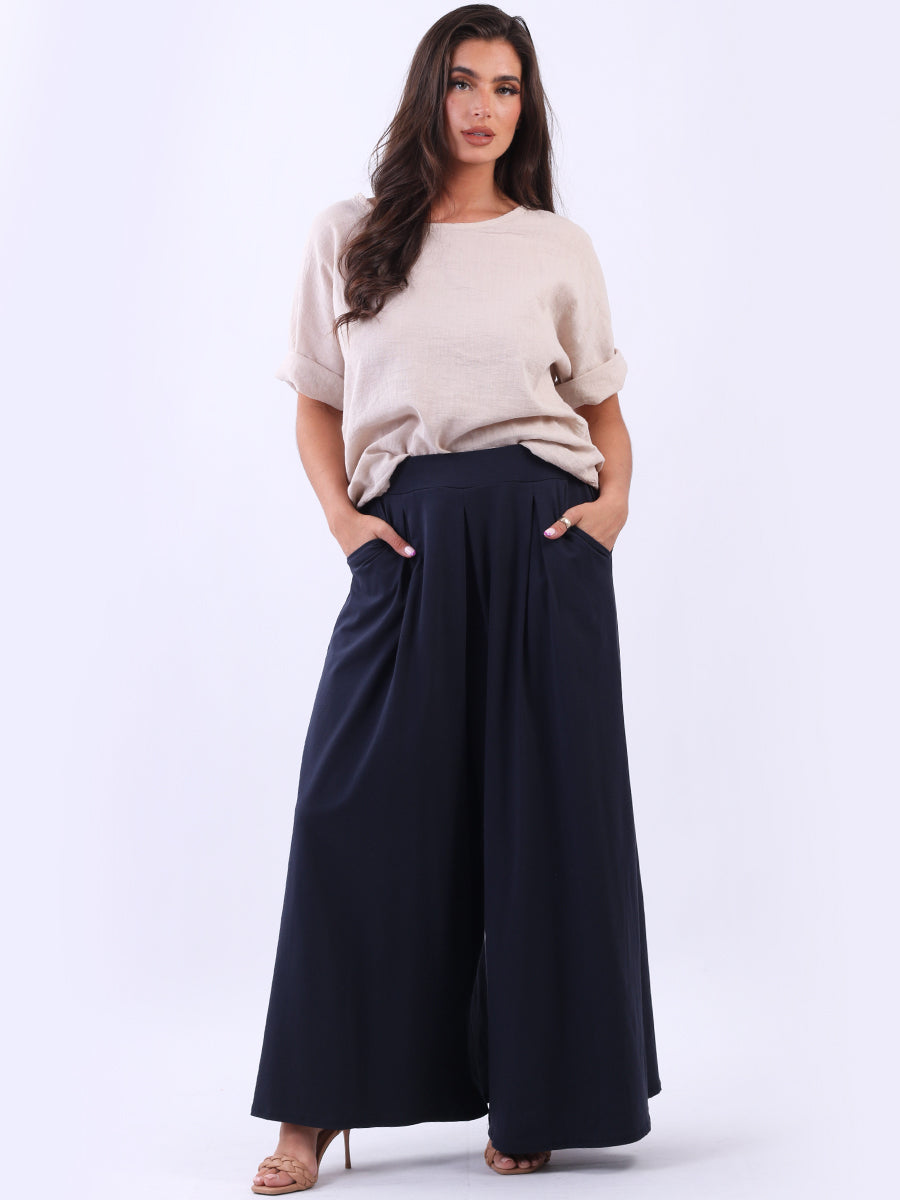 Wide Leg Cotton Palazzo Navy