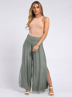 Plain Silk Palazzo Pant Khaki