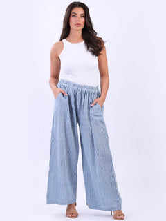 Stripy Cotton Wide Leg Pant Denim