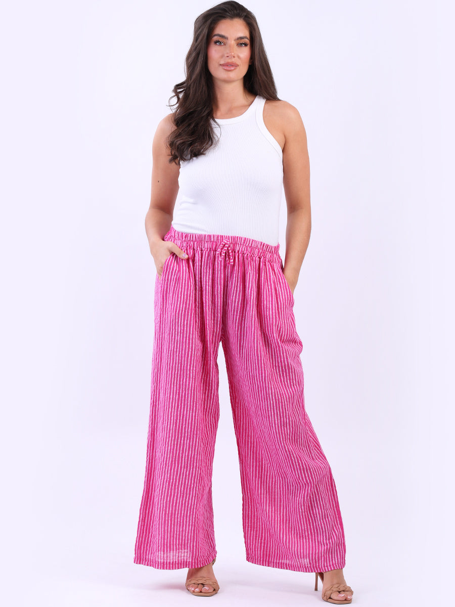 Stripy Cotton Wide Leg Pant Fuchsia
