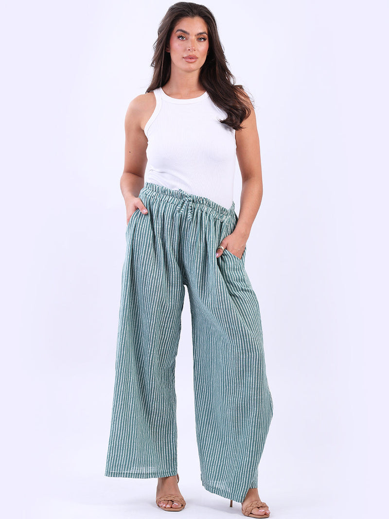 Stripy Cotton Wide Leg Pant Ocean Blue