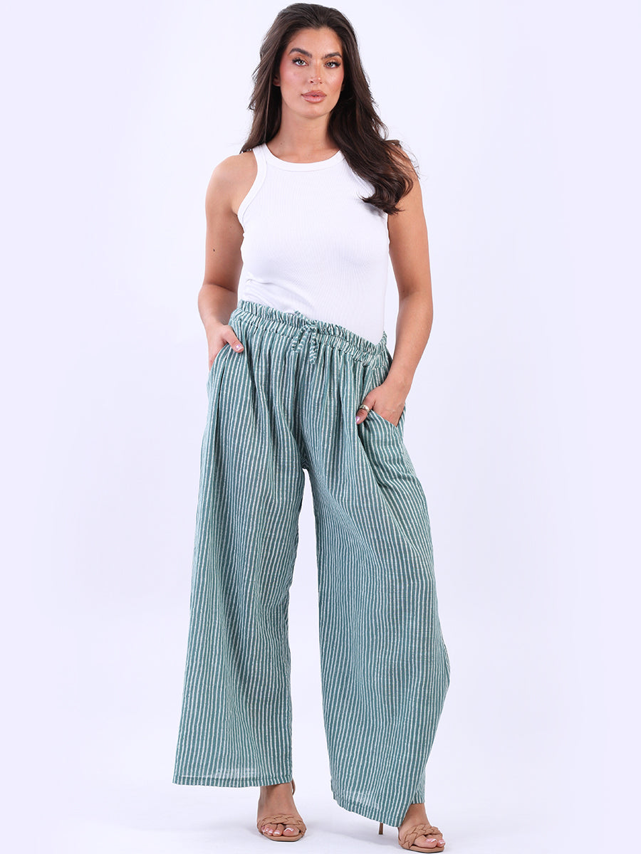 Stripy Cotton Wide Leg Pant Ocean Blue