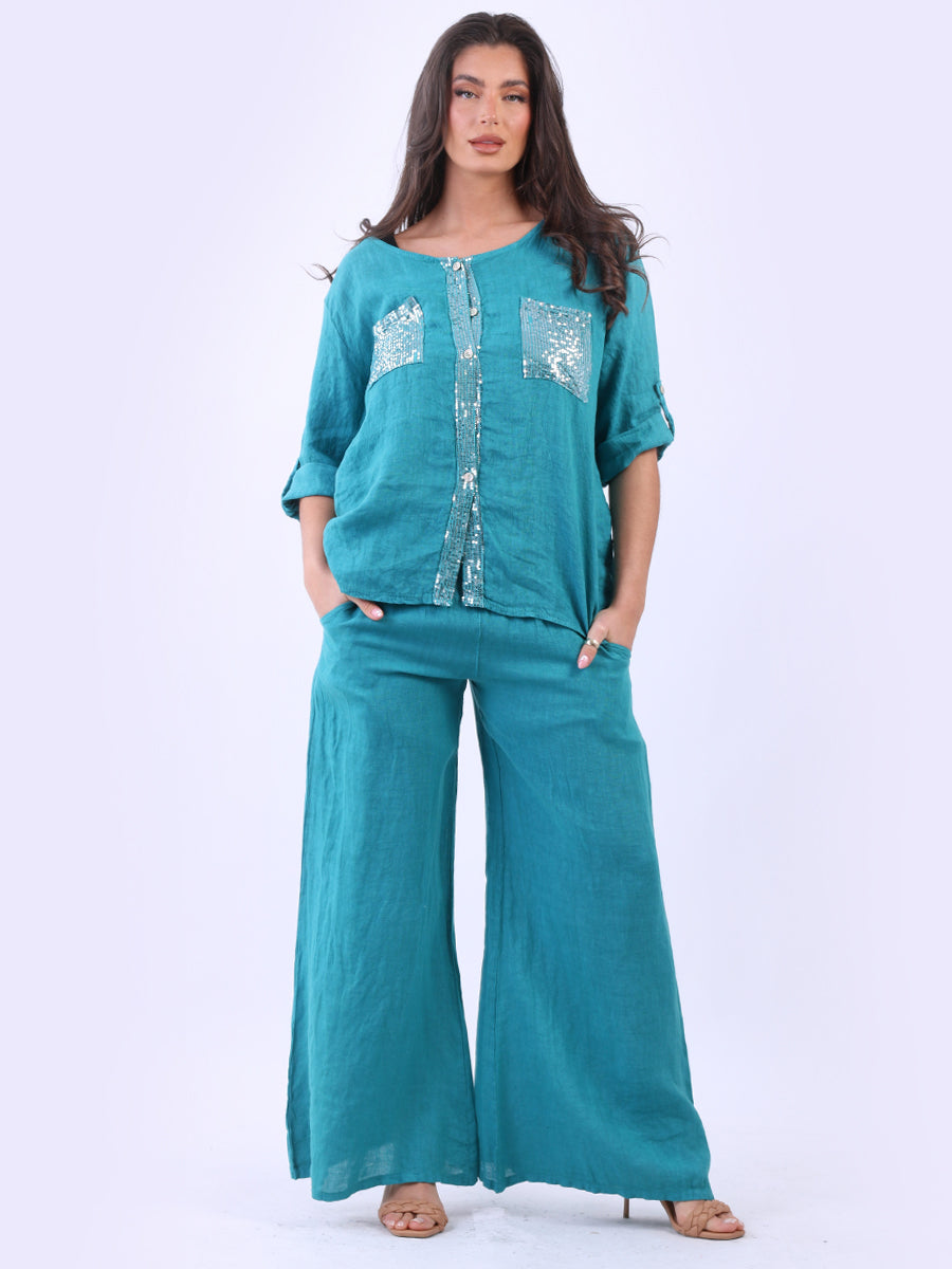 Linen Sequin Top Aqua
