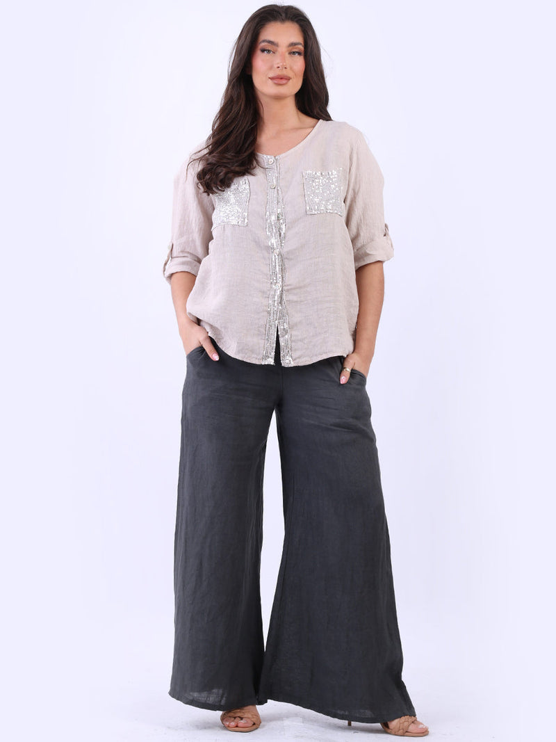 Linen Sequin Top Beige