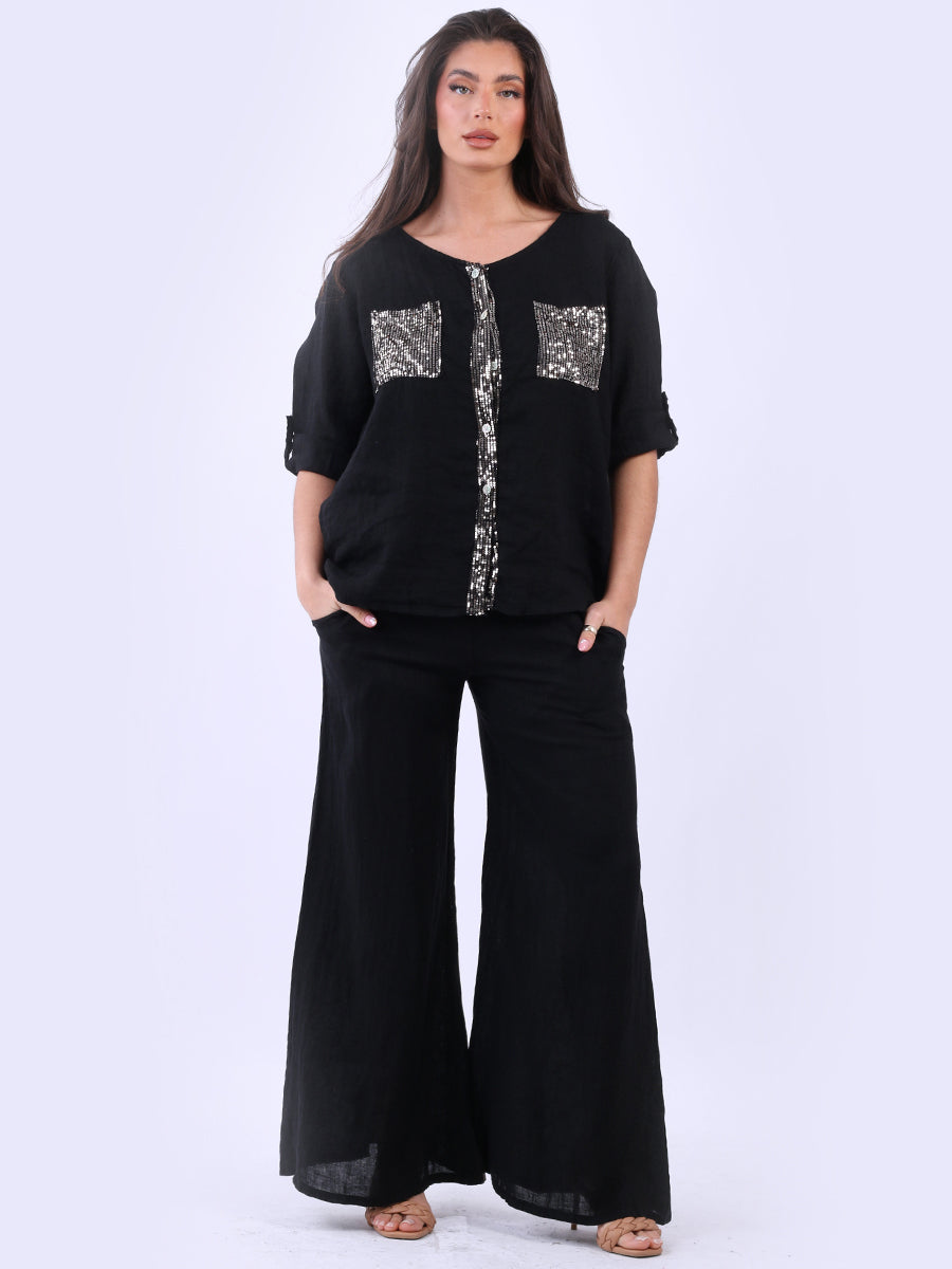 Linen Sequin Top Black