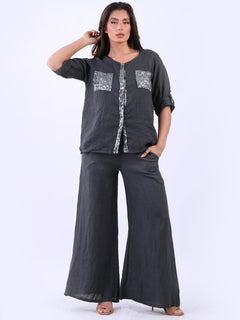 Linen Sequin Top Charcoal