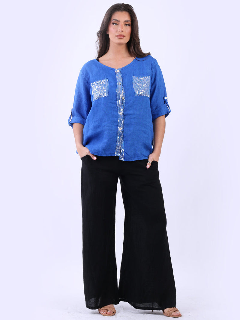 Linen Sequin Top Royal Blue