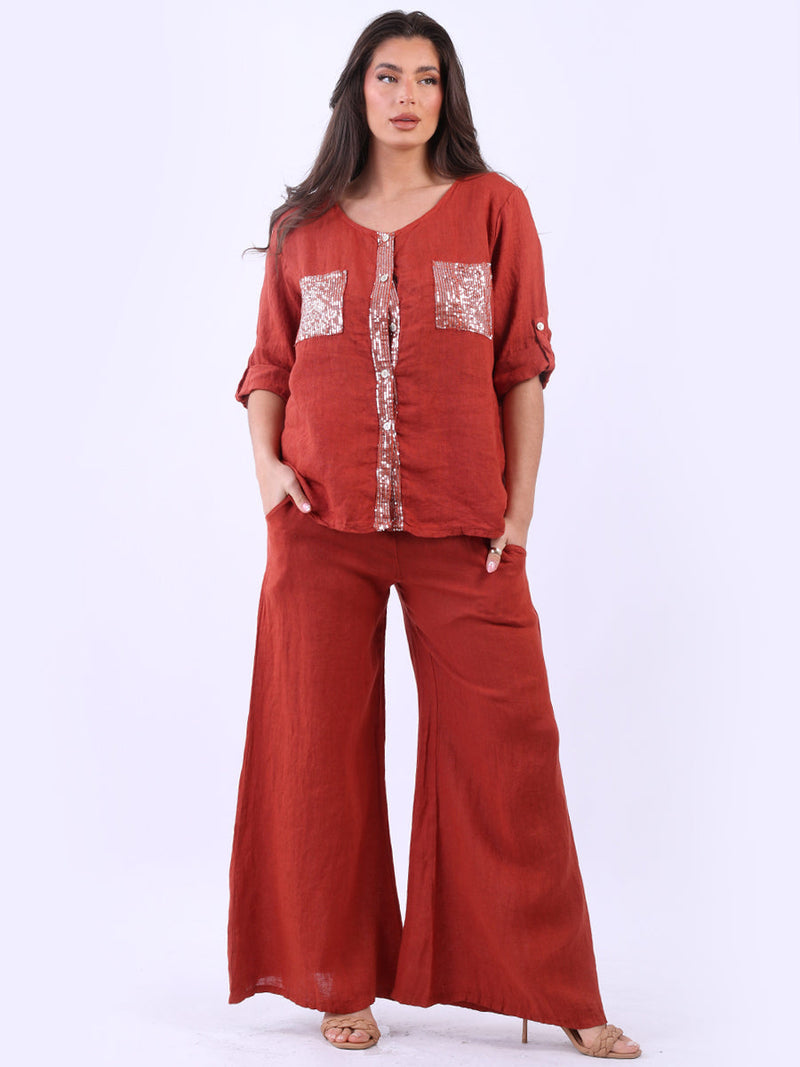 Linen Sequin Top Rust