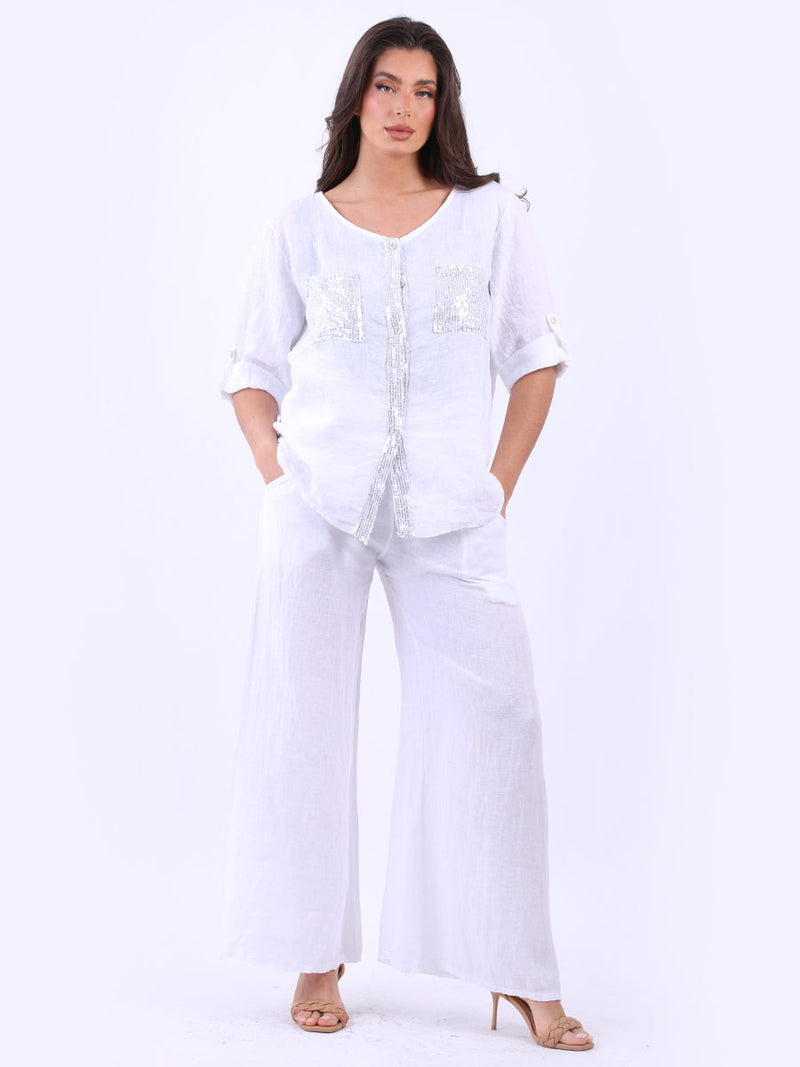 Linen Sequin Top White