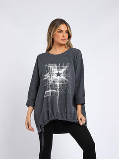 Abstract Star Oversized Top Charcoal