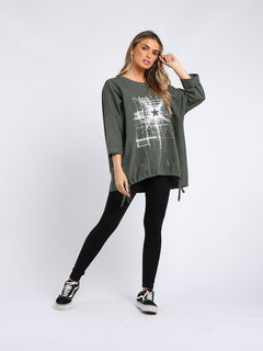 Abstract Star Oversized Top Khaki