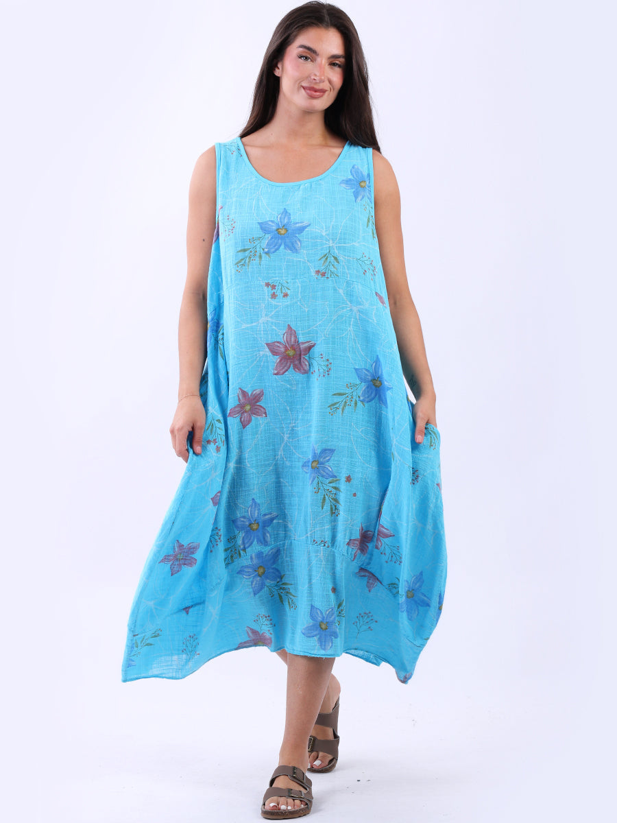 Oversized Floral Cotton Sleeveless Dress Azure