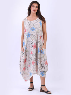 Oversized Floral Cotton Sleeveless Dress Beige