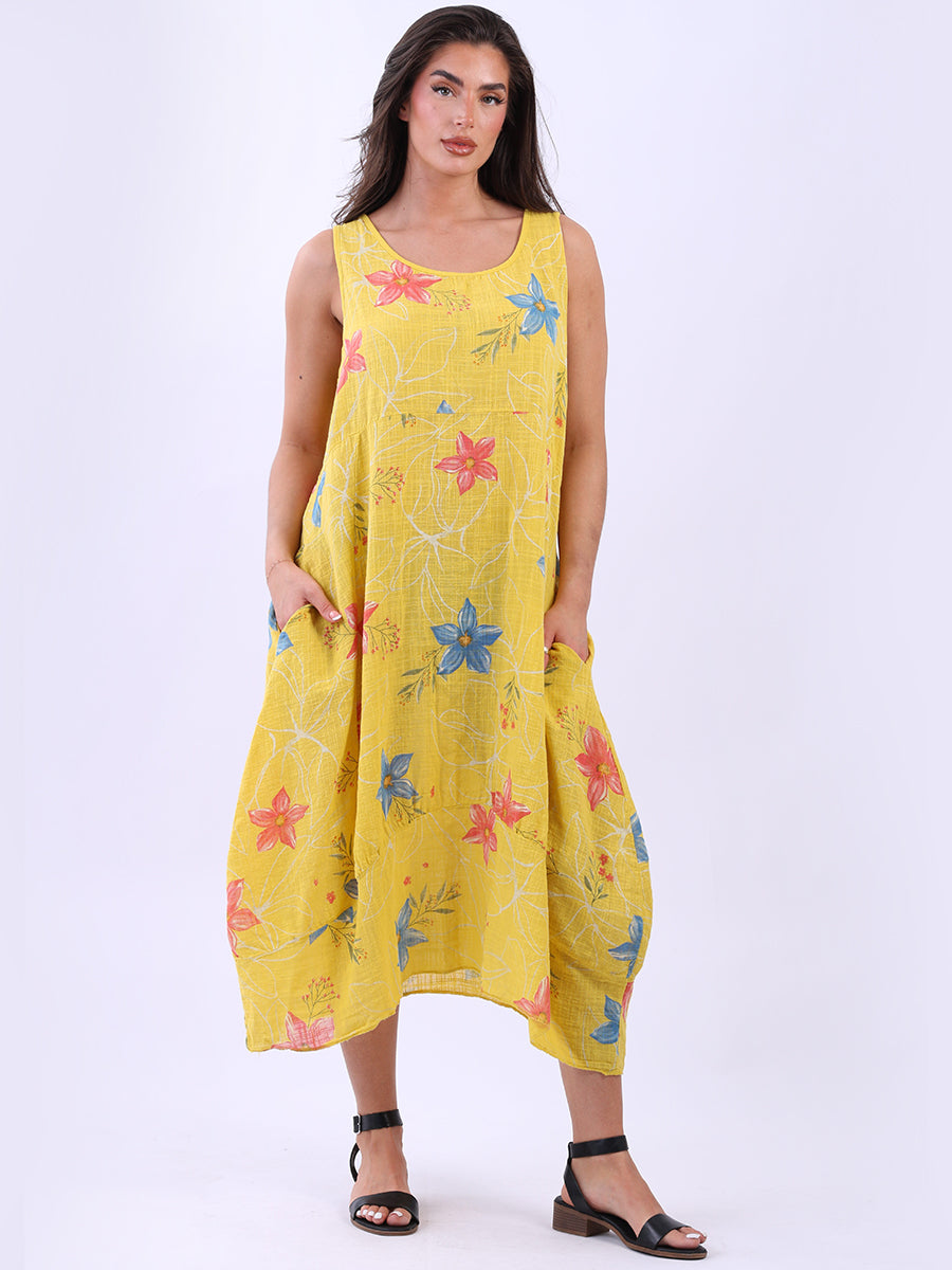 Oversized Floral Cotton Sleeveless Dress Mustard